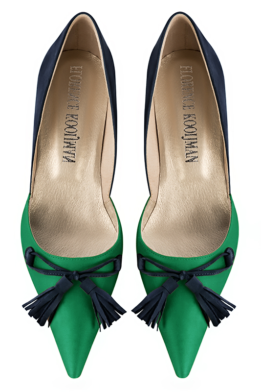 Emerald green and navy blue women's open arch dress pumps. Pointed toe. Low comma heels. Top view - Florence KOOIJMAN